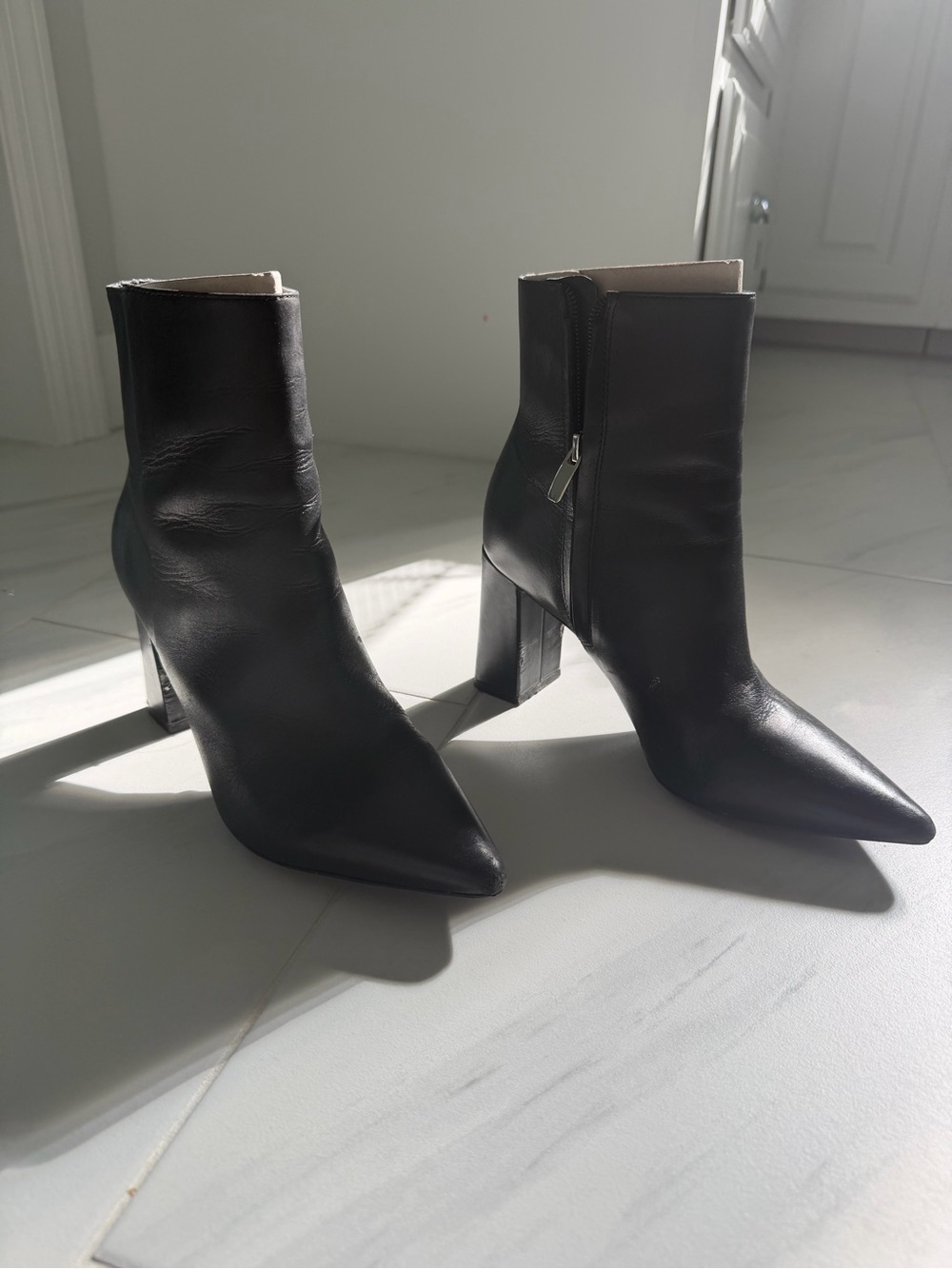 Nine West Black Pointed-Toe Leather Ankle Booties with Block Heel